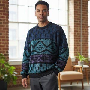 Vintage Campus Aztec Blue Knit 90s Multicolor Sweater Winter Ugly Frayed XLT‎